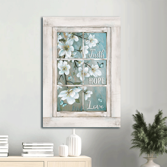 Jesus Portrait Canvas- Beautiful Flower Painting, White Wooden Window, Spring Drawing, Blue Butterfly Canvas- Gift For Christian- Faith Hope Love