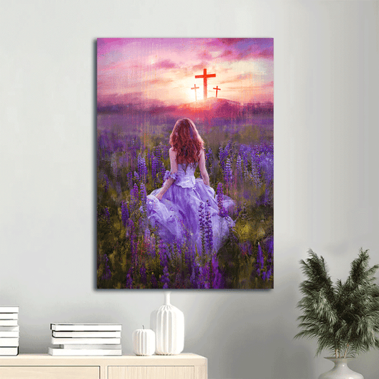 Jesus Portrait Canvas- Beautiful girl painting, Girl in the lavender field, Cross symbol canvas- Gift for Christian