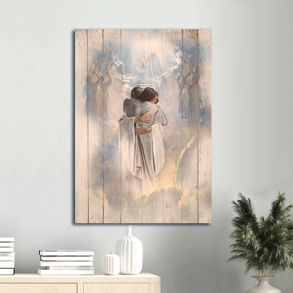 Jesus Christ Portrait Canvas - Beautiful heaven Painting Canvas, Holy spirit, Dove, Faith, God, Man hugging Jesus in heaven Canvas - Wall Decor Framed