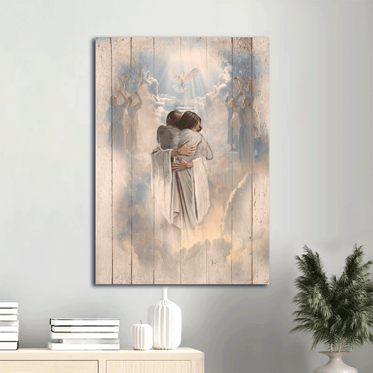 Jesus Christ Portrait Canvas - Beautiful heaven Painting Canvas, Holy spirit, Dove, Faith, God, Man hugging Jesus in heaven Canvas - Wall Decor Framed