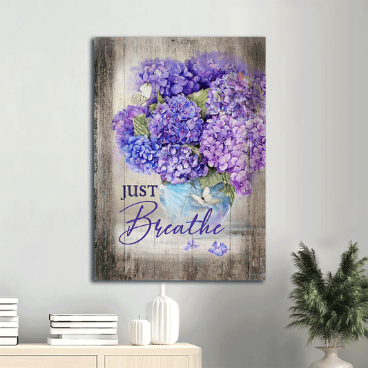 Jesus Portrait Canvas- Beautiful hydrangea drawing, Purple flower canvas- Gift for Christian- Just breathe