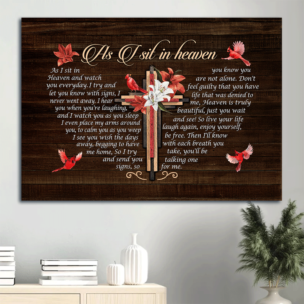 Heaven Landscape Canvas - Big cross, Lily flower painting, Red cardinal Landscape Canvas - Memorial Gift For Family Members - As I sit in heaven Landscape Canvas