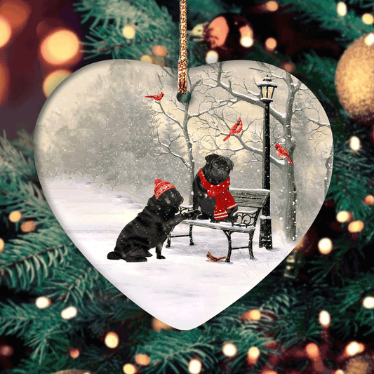 Pug -  Christmas Heart Ceramic Ornament- Couple Black Pug, Winter Park, Red Cardinal, On A Date - Gifts For Christmas Home Decor, Gifts For Pug Lover, Gifts For Dog Lover, Dog Mom