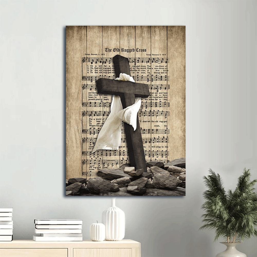 Jesus Portrait Canvas- Black cross, White silk painting, Music sheet, The old rugged cross- Gift for Christian - Portrait Canvas Prints, Christian Wall Art