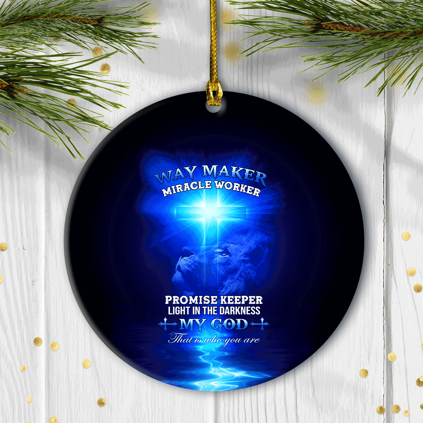 Jesus - Circle Ceramic Ornament- Blue Cross, Lion King, Way Maker Miracle Worker - Christian Gift, Gift For Lion Lover, Gift For Christmas Home Decor