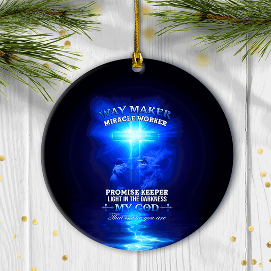 Jesus - Circle Ceramic Ornament- Blue Cross, Lion King, Way Maker Miracle Worker - Christian Gift, Gift For Lion Lover, Gift For Christmas Home Decor