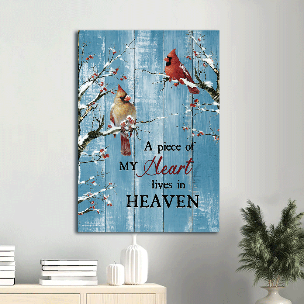 Memorial Portrait Canvas- Blue background, Cardinal, Frozen cranberry - Gift for family- A piece of my heart lives in heaven - Heaven Portrait Canvas Prints, Wall Art
