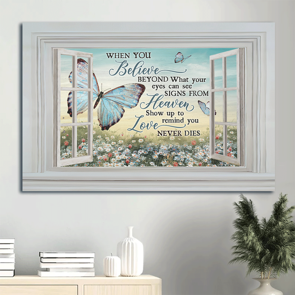 Memorial Landscape Canvas- Blue butterfly, Daisy garden, White window- Gift for members family- When you believe signs from heaven - Heaven Landscape Canvas Prints, Wall Art