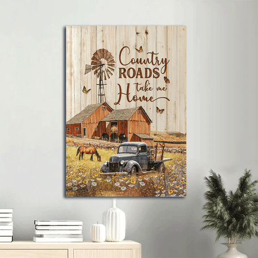 Jesus Portrait Canvas- Blue ladybug car, Beautiful farm, Horse drawing canvas- Gift for Christian- Country roads take me home- Portrait Canvas Prints, Christian Wall Art