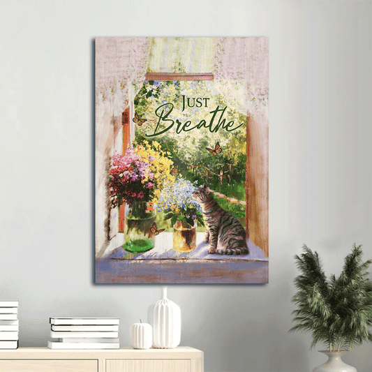 Jesus Portrait Canvas- Brilliant flower garden, Pretty cat, Spring painting, Butterfly canvas- Gift for Christian- Just breathe - Portrait Canvas Prints, Christian Wall Art