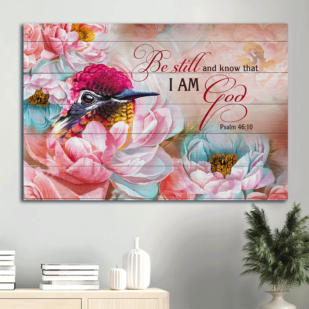 Jesus Landscape Canvas- Brilliant hummingbird, Pink camellia flower canvas- Gift for Christian- Be still and know that I am God - Landscape Canvas Prints, Christian Wall Art