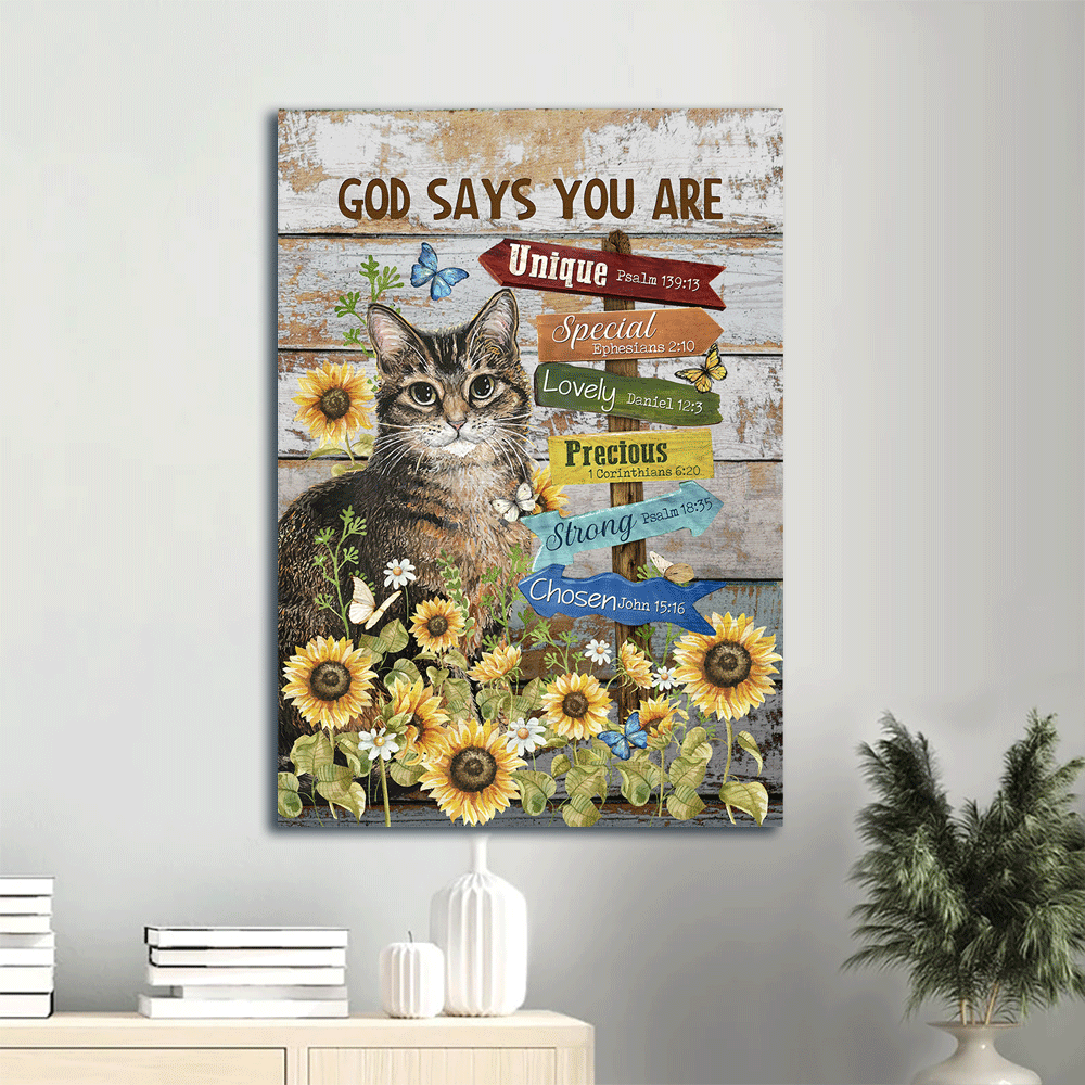 Jesus Portrait Canvas- Brown cat artwork, Sunflower garden, Pretty butterfly canvas- Gift for Christian- God says you are unique - Portrait Canvas Prints, Christian Wall Art