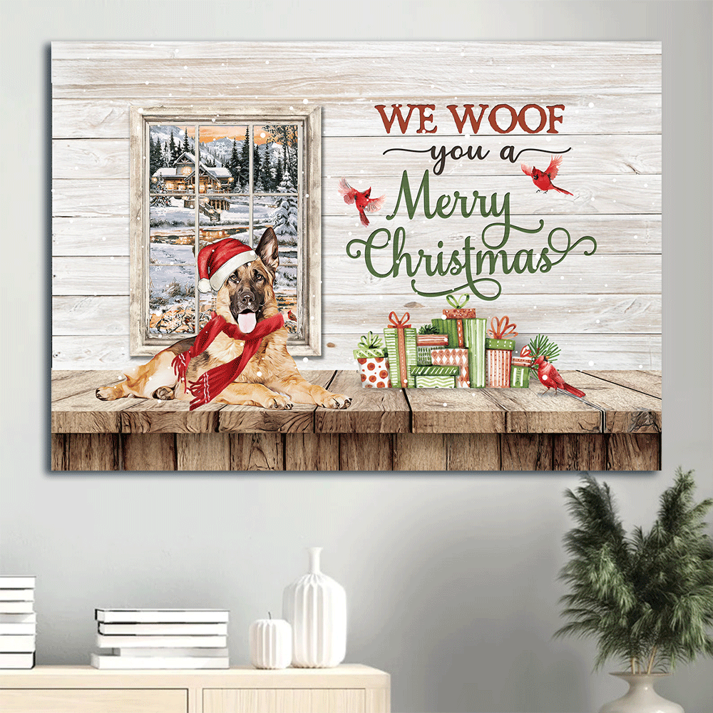 German Shepherd Landscape Canvas- German shepherd dog, Winter painting, Red Cardinal - Gift for Dog lover- We woof you a merry Christmas - Landscape Canvas Prints, Wall Art