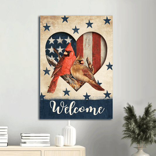 Heaven Portrait Canvas - Cardinal Couple, Heart Shape, Blue Star, Us Flag, Welcome Portrait Canvas - Memorial Gift For Family Members