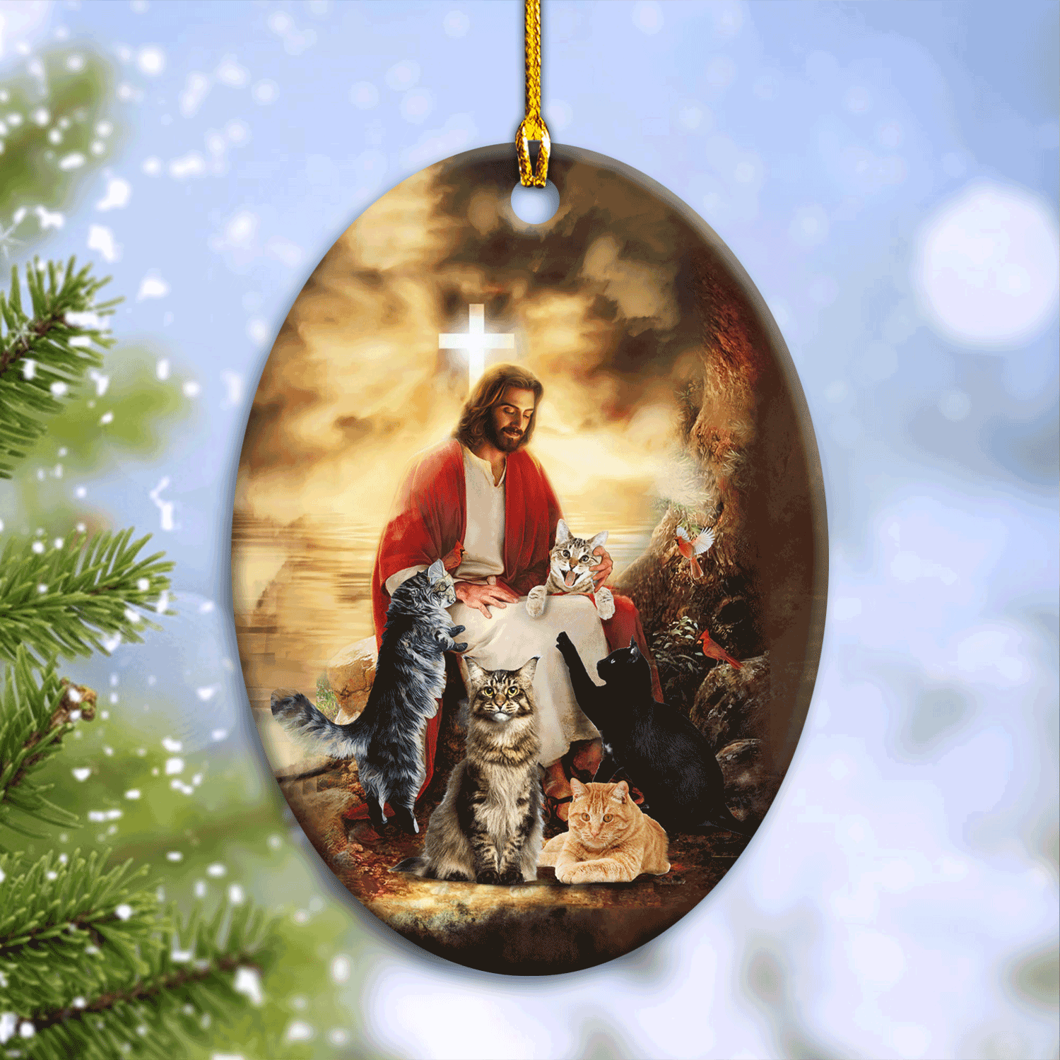 Jesus Oval Ceramic Ornament - Cats Painting, Sitting With Jesus - Christian Gift