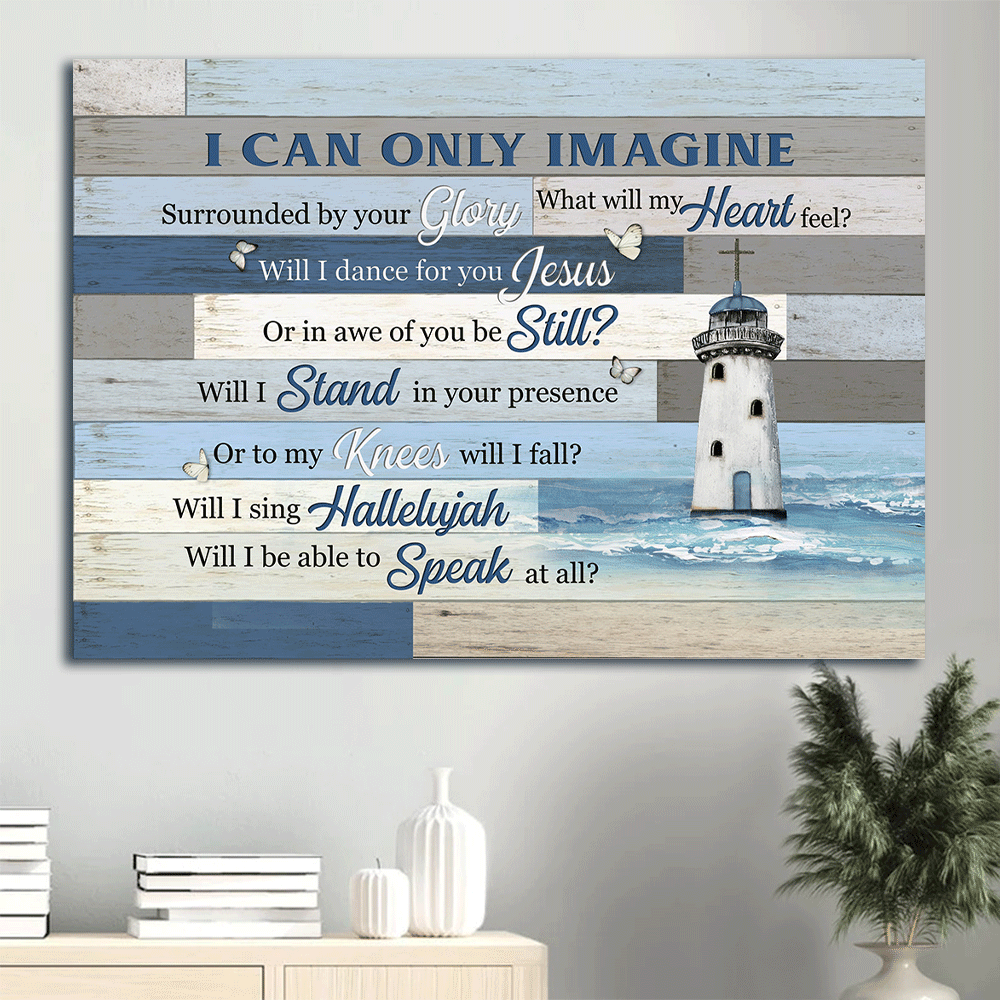 Jesus Landscape Canvas- Lighthouse drawing, Blue ocean, White butterfly canvas- Gift for Christian- I can only imagine - Landscape Canvas Prints, Wall Art