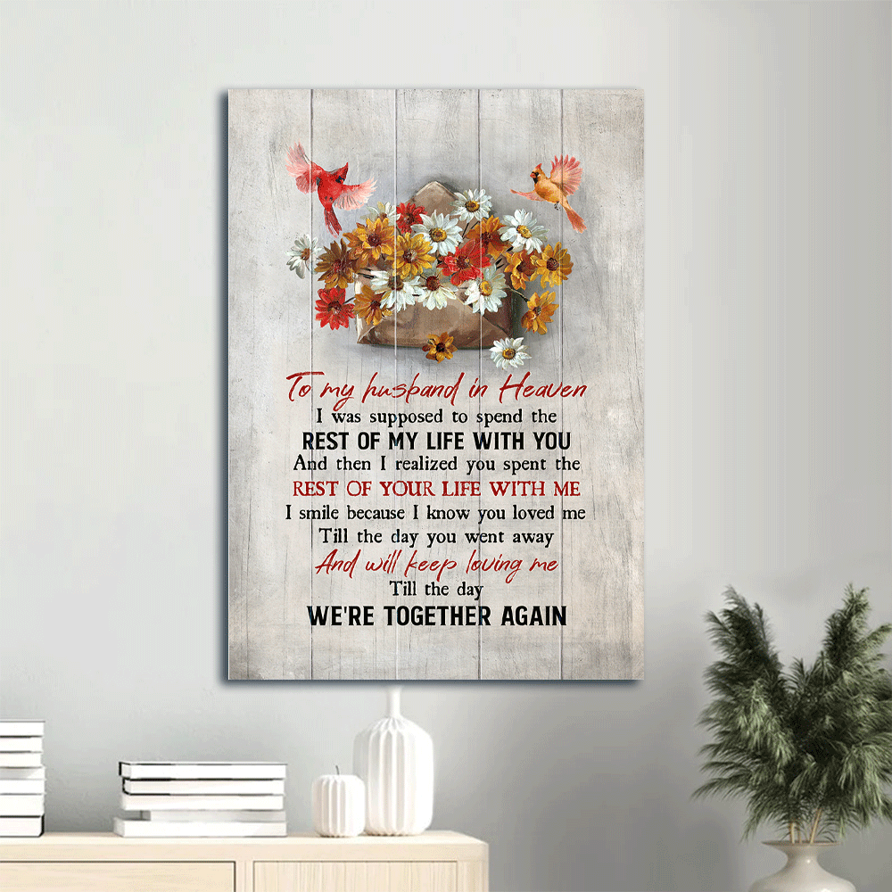 To My Husband In Heaven Portrait Canvas - Heaven Portrait Canvas - Colorful Daisy Painting, Watercolor Cardinal Portrait Canvas - Memorial Gift For Family Members