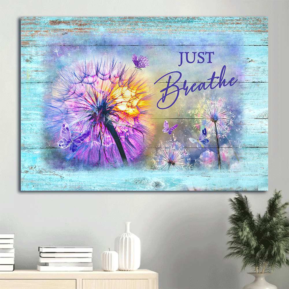Jesus Landscape Canvas- Colorful Dandelion, Purple Butterfly, Just Breathe canvas- Gift for Christian- Jesus Landscape Canvas, Wall Decor