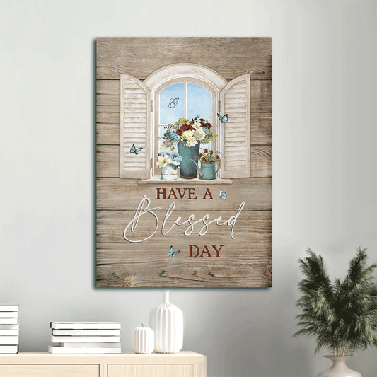 Jesus Portrait Canvas- Colorful Flower, Blue Butterfly, Pretty Flower Vase, Antique Window, Wooden Background- Gift for Christian- Have A Blessed Day- Portrait Canvas, Wall Decor