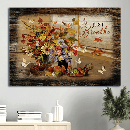 Jesus Landscape Canvas- Colorful Flower Painting, White Butterfly, Autumn Season, Autumn Fruit, Just Breathe canvas- Gift for Christian- Landscape Canvas, Wall Decor