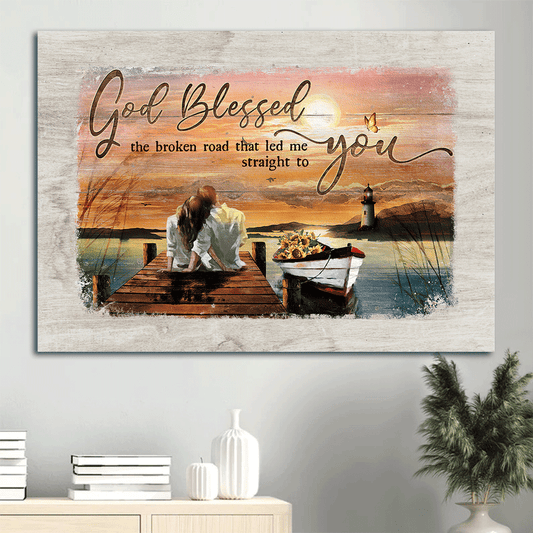 Couple Landscape Canvas- Romantic couple, Sunflower boat, Sunset - Gift for Couple , Lover- God blessed the road that led me to you - Landscape Canvas Prints, Wall Art