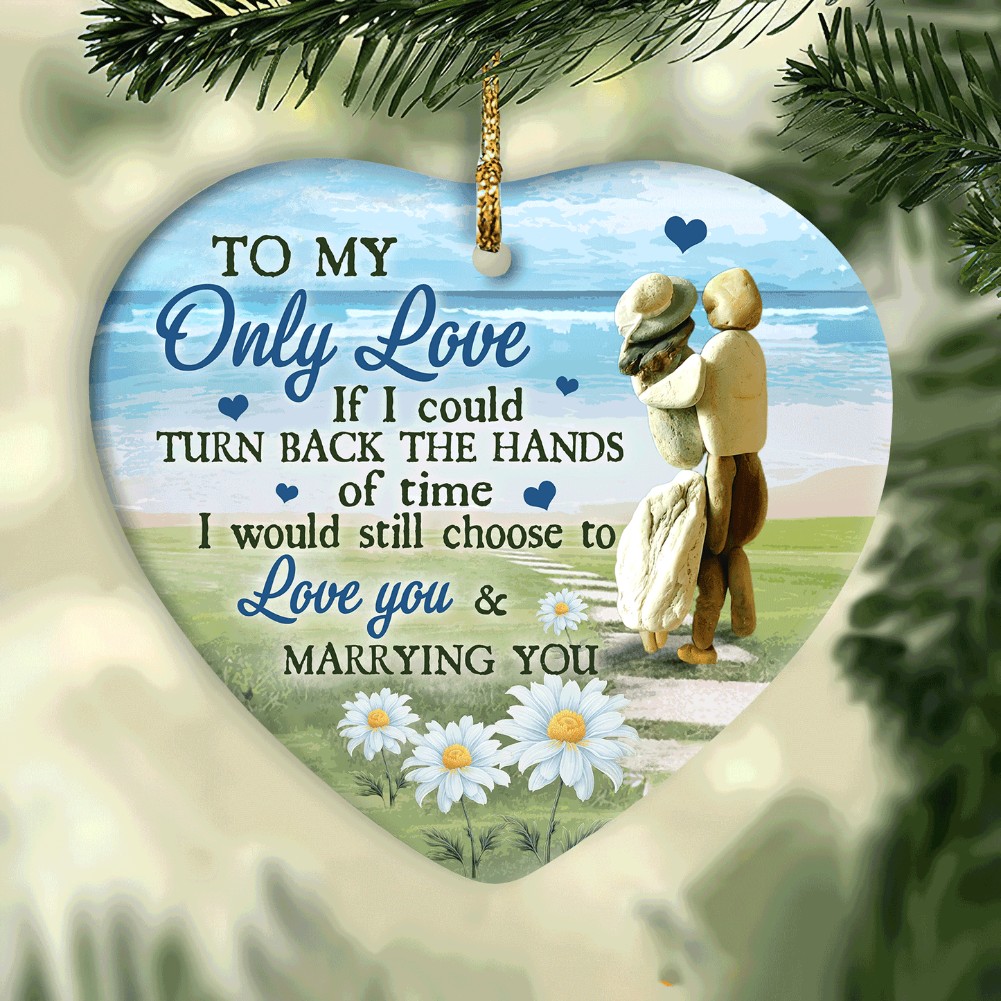 Couple - Heart Ceramic Ornament - Couple Stone, Blue Beach, Daisy Flower - I Still Choose To Love You & Marrying You - Gifts For Couple, Husband, Wife, Girlfriend, Boyfriend, Lover, Gifts For Wedding Anniversary, Gifts For Christmas Home Decor