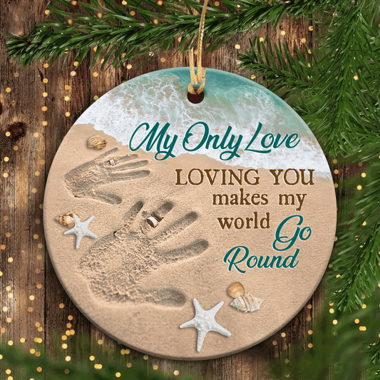 Ornament Gifts For Couple On Christmas - Couple Hand Imprint In Sand With Starfish Christmas Ornament, You Makes My World Go Round