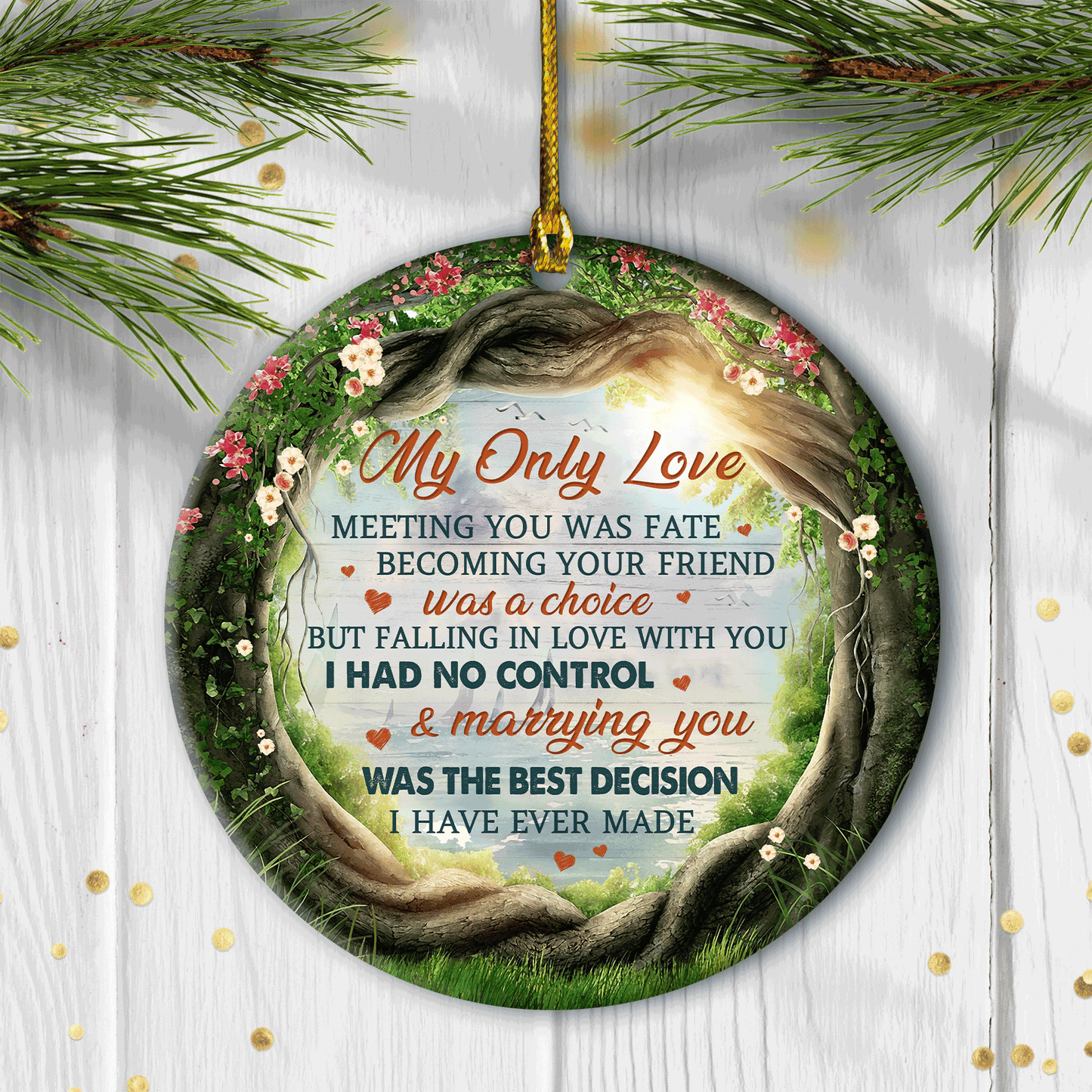 Christmas Ceramic Ornament Gifts For Couple, Spouse, Wedding, Anniversary, Tree Branches Circle Ornaments, Meeting You Was A Fate
