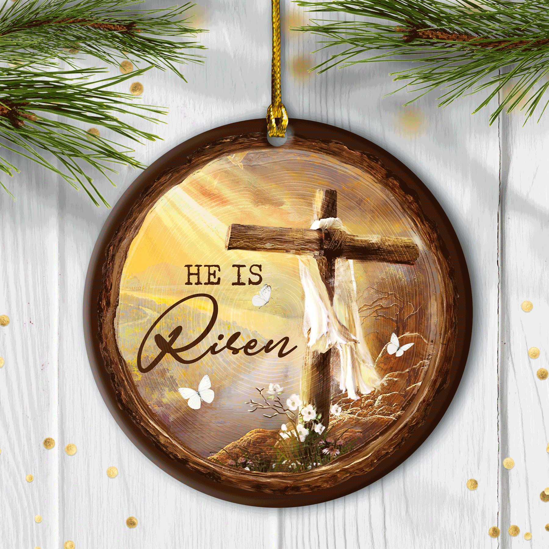 Jesus - Jesus Circle Ceramic Ornament - Wooden Cross, White Silk, White Butterfly - He Is Risen - Christian Gift, Gifts For Butterfly Lover, Gifts For Christmas Home Decor