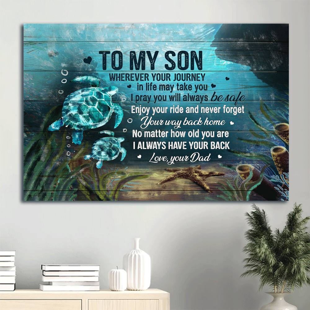 Family Landscape Canvas- To my son canvas, Turtle painting, Blue ocean, Dad to son canvas- Gift for son- Never forget your way back home