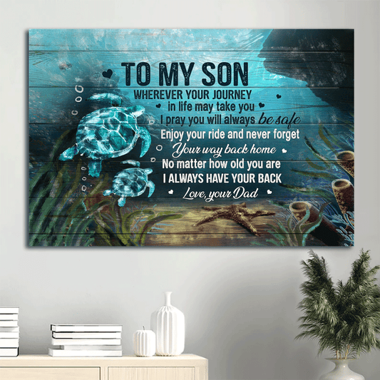 Family Landscape Canvas- To my son canvas, Turtle painting, Blue ocean, Dad to son canvas- Gift for son- Never forget your way back home