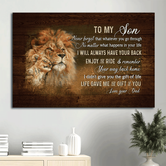 Family Landscape Canvas- To my son canvas, King of Kings, Lion drawing, Dad to son canvas- Gift for Son- I will always have your back