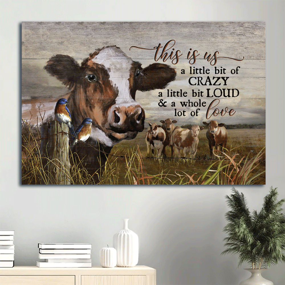 Family Landscape Canvas- Dairy cows, Blue bird, Farm animal, Grass field canvas- Gift for members family-This is us love