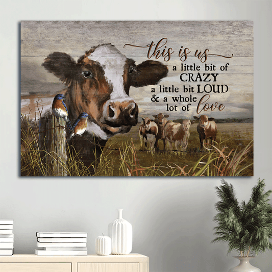 Family Landscape Canvas- Dairy cows, Blue bird, Farm animal, Grass field canvas- Gift for members family-This is us love