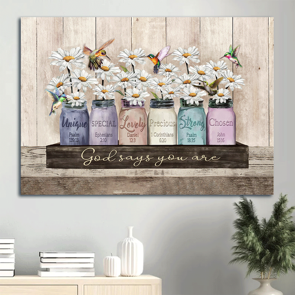 Jesus Landscape Canvas - White Daisy Painting, Colorful Hummingbird Canvas - Gift For Christian - God Says You Are Special Canvas