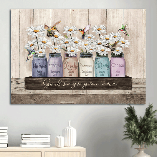 Jesus Landscape Canvas - White Daisy Painting, Colorful Hummingbird Canvas - Gift For Christian - God Says You Are Special Canvas