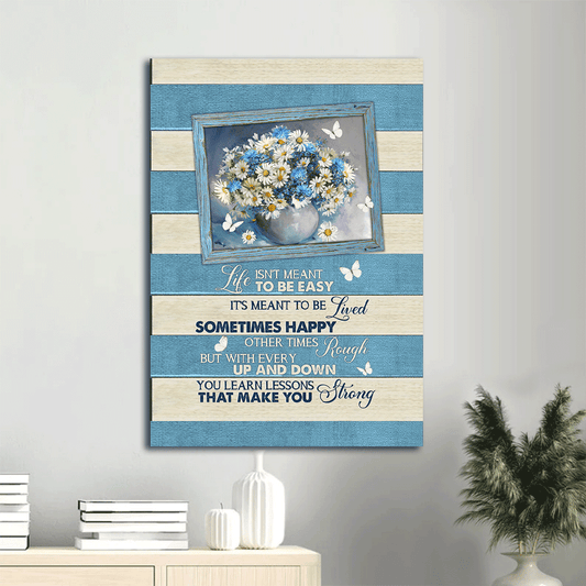 Jesus Portrait Canvas- Daisy drawing, Blue background, White butterfly canvas- Gift for Christian- Life isn't meant to be easy