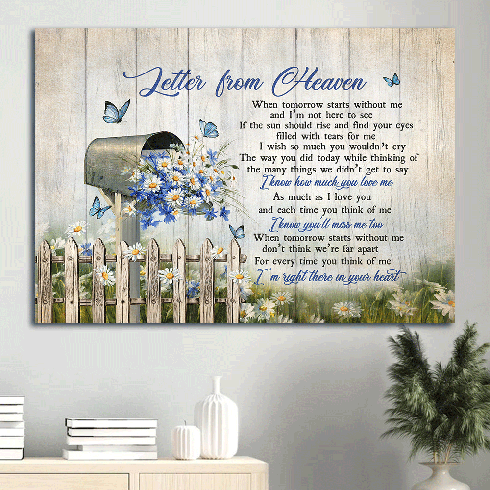 Memorial Landscape Canvas- Daisy drawing, Letter box, Blue background, Butterfly canvas- Gift for members family - Letter from heaven