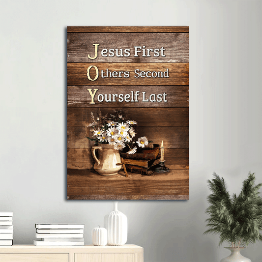 Jesus Portrait Canvas- Daisy flower vase, The Bible, Still life painting, Wooden cross canvas- Gift for Christian- Jesus first, Others second