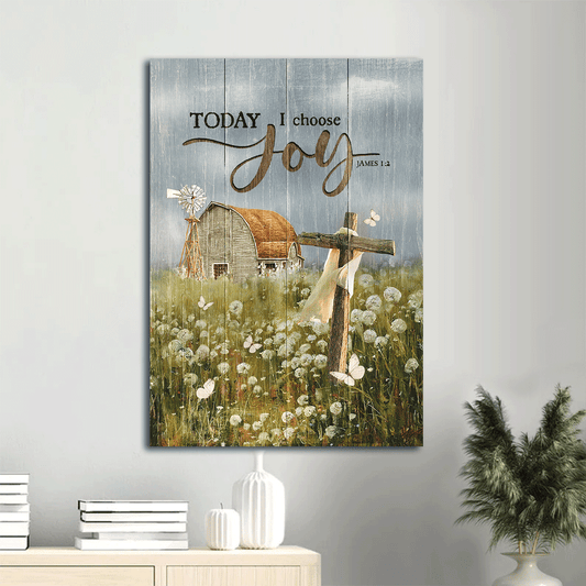 Jesus Portrait Canvas- Dark sky, Wooden cross, Dandelion field, Vintage house canvas- Gift for Christian- Today I choose joy