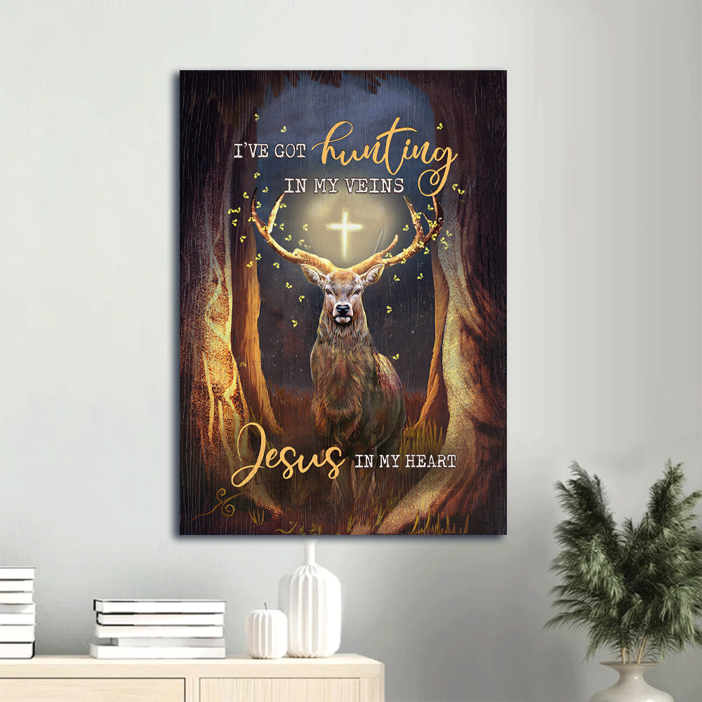 Jesus Portrait Canvas- Deer painting, The mystery forest, The glowing cross canvas- Gift for Christian- I got hunting in my veins, Jesus in my heart