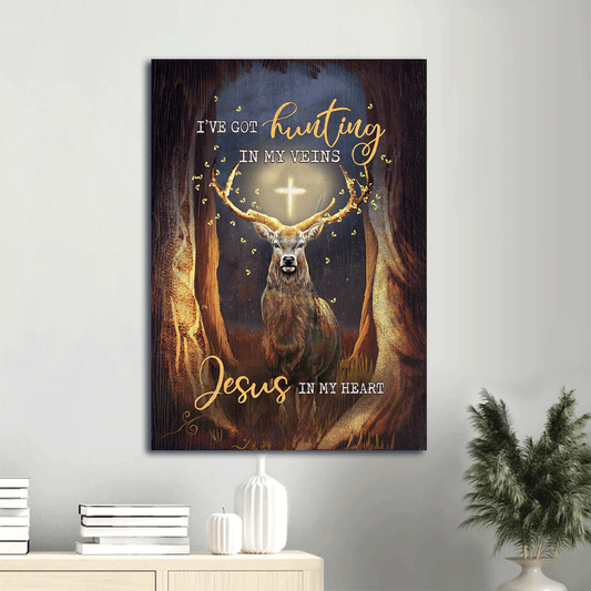 Jesus Portrait Canvas- Deer painting, The mystery forest, The glowing cross canvas- Gift for Christian- I got hunting in my veins, Jesus in my heart
