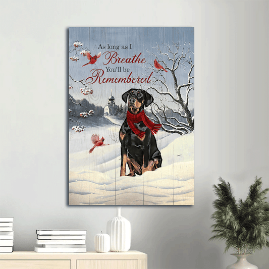 Doberman Portrait Canvas, Doberman painting, Winter, Cardinal canvas, Gift for Doberman lover- As long as I breath, You'll be remembered
