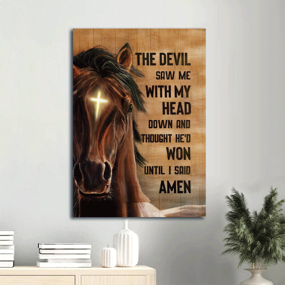 Jesus Portrait Canvas- Face of horse, Brown horse, Cross symbol canvas- Gift for Christian- The devil saw me with my head