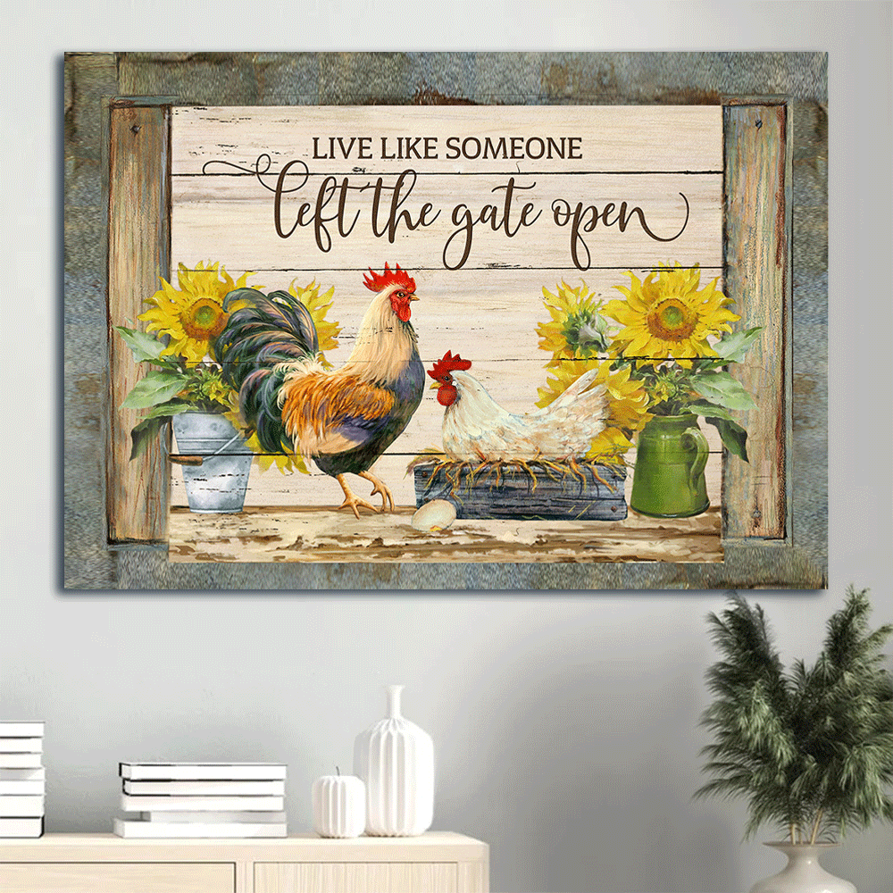 Family Landscape Canvas- Farm, Chicken couple, Sunflower canvas- Gift for members family- Live like someone, left the gate open
