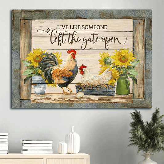 Family Landscape Canvas- Farm, Chicken couple, Sunflower canvas- Gift for members family- Live like someone, left the gate open