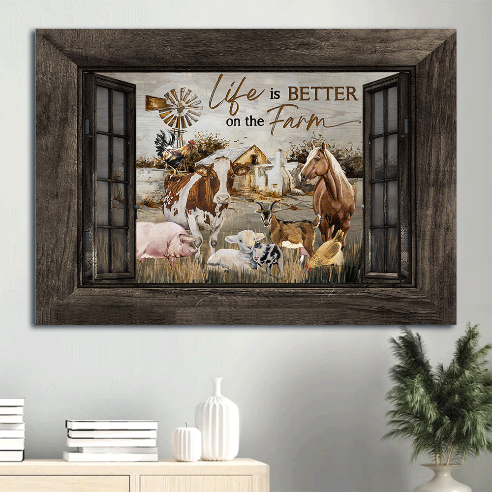 Family Landscape Canvas- Farm animal, Dairy cow, Brown horse, Rooster chicken canvas- Gift for members family- Life is better on the farm