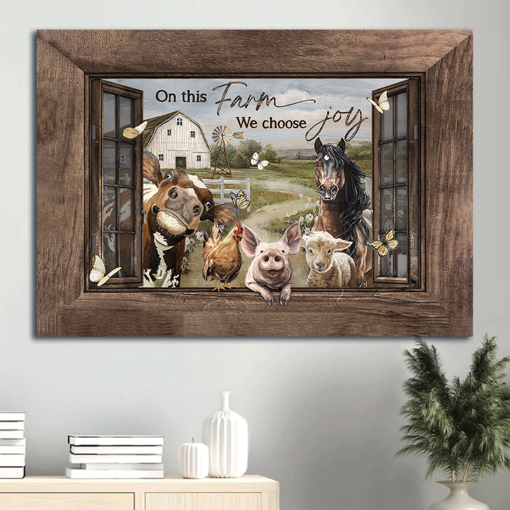 Family Landscape Canvas- Farm animal, Farm life, Happy farm, White butterfly canvas- Gift for members family- On this farm we choose joy
