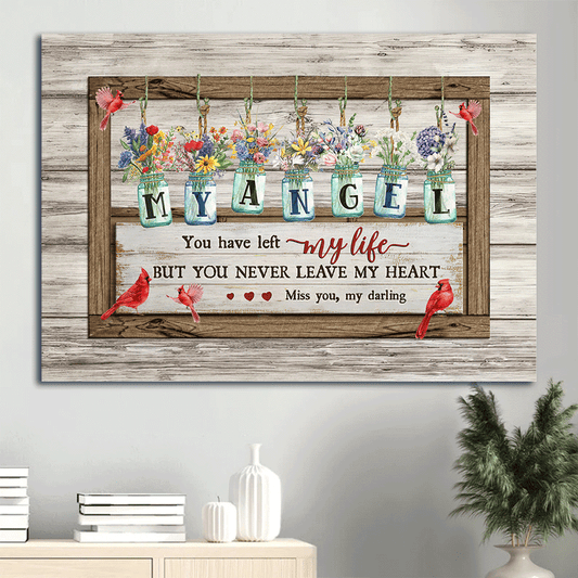 Memorial Landscape Canvas-  Flower jars, Vintage painting, Cardinals canvas- Gift for members family- You never leave my heart - Heaven Landscape Canvas Prints, Wall Art