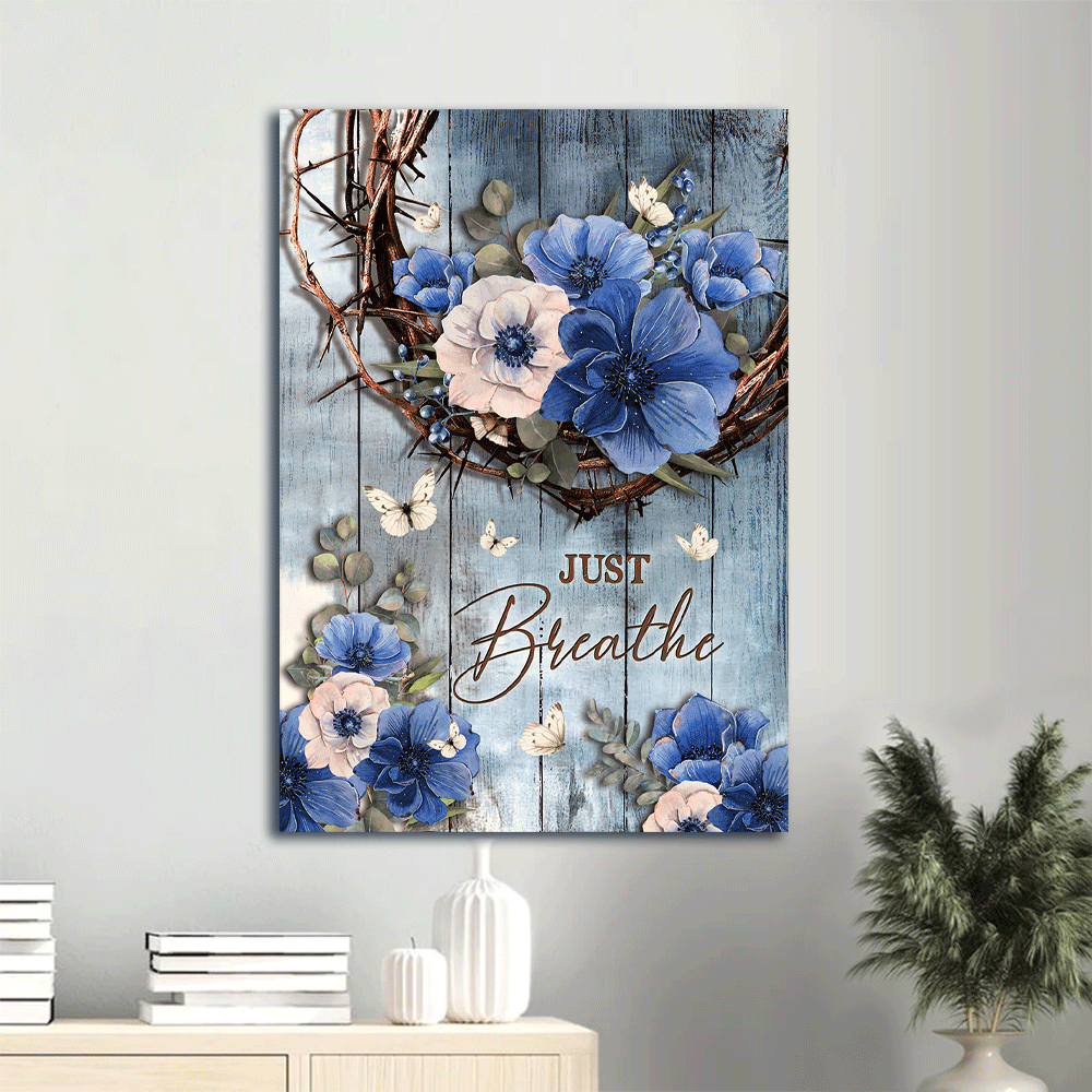 Jesus Portrait Canvas- Flower painting, Crown of thorns, White butterfly - Gift for Christian- Just breathe - Portrait Canvas Prints, Christian Wall Art